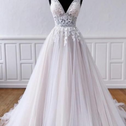 V Neck Tulle Long Ball Gown Dress Lace Evening Dress on Luulla