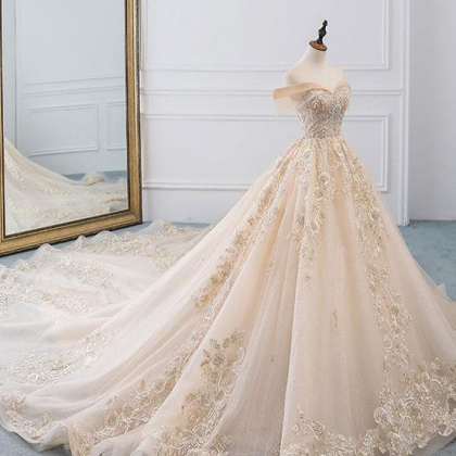 Off Shoulder Tulle Lace Long Champagne Wedding..