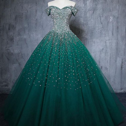 Off The Shoulder Crystal Beaded Dark Green Prom..