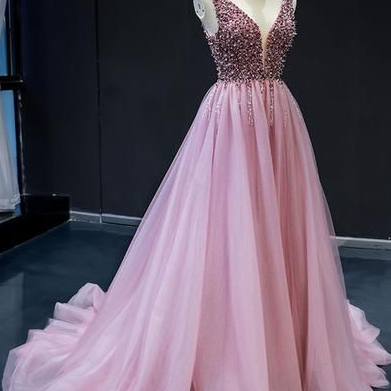 Tulle Sequins Train V Neck Prom Dress, Pearl..