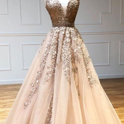 Champagne V Neck Long Prom Dresses, Prom Gown