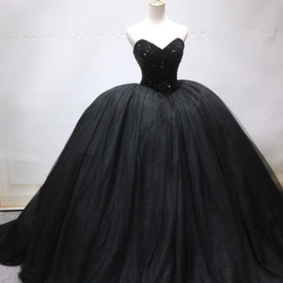 Sweetheart Tulle Beaded Black Ball Gown ,formal..