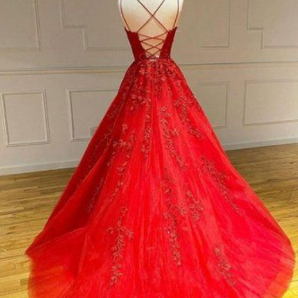 Spaghetti Straps Long A Line Lace Prom Dress
