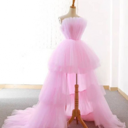 Sexy High Low Pink Prom Dresses With Ruched..