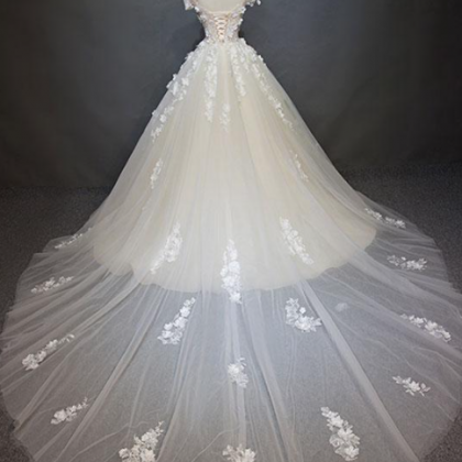Tulle Lace Applique Long Prom Dress, White Lace..