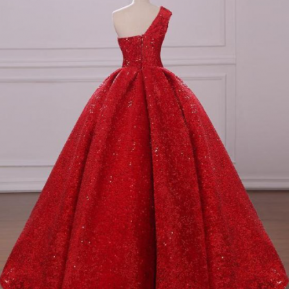 One Shoulder Sequins Red Sweetheart Prom Dresses