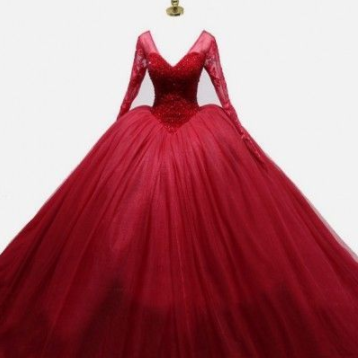 Red Long Sleeve Ball Gown Prom Dress