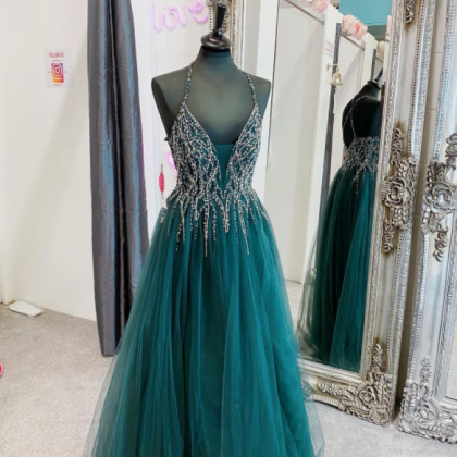 Long V-neck Beaded Cut Out White Prom Dress
