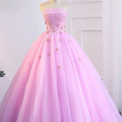 Strapless Appliques Pink Tulle Quinceanera Dresses..