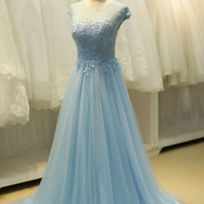A Line Blue Evening Dress With Lace