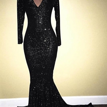 Mermaid V-neck Black Sequins Prom Dresses With..