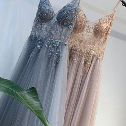 A-line Beaded Long Prom Dress With Crystal