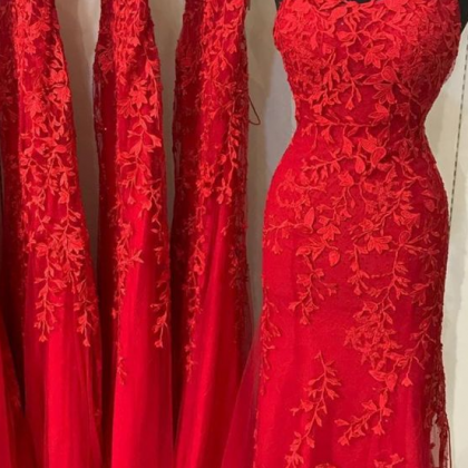 A Line Red Lace Gown With Strappy Lace Up Back