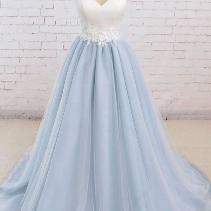 Spaghetti Straps Light Blue Tulle Prom Dress