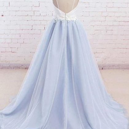 Spaghetti Straps Light Blue Tulle Prom Dress