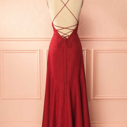 Red V-neck Ruffled A-line Long Evening Dress