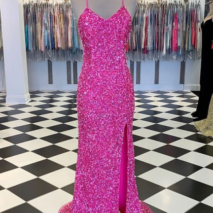 Spaghetti Straps Sequin Prom Dress With Side Slit