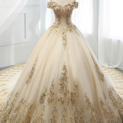 Champagne Tulle Gold Lace Appliques Wedding Dress