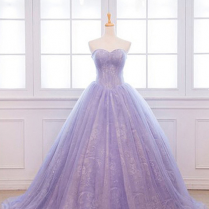 Unique Lavender Lace Long Puffy Prom Dress
