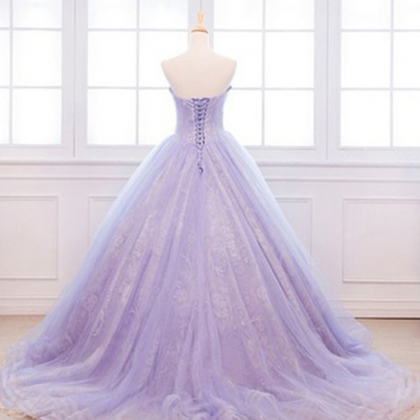 Unique Lavender Lace Long Puffy Prom Dress