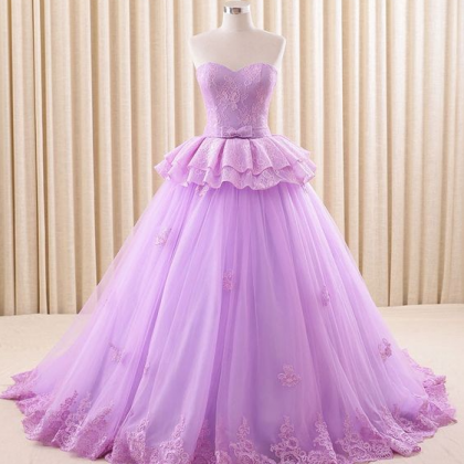 Lace Organza Ball Gown Strapless Purple Prom Dress LBQ1419