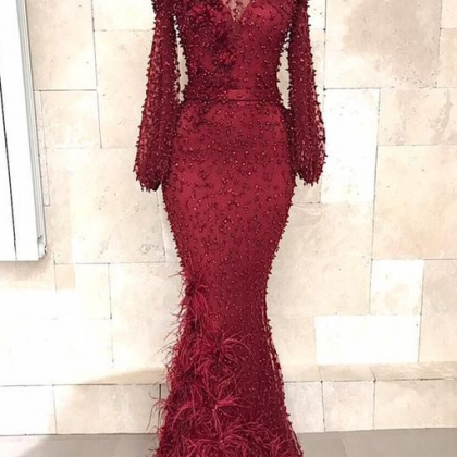 A Line Long Sleeves Beaded Evening Gown Formal..