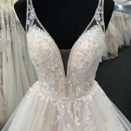 Light Champagne Tulle Ruffles Lace Prom..