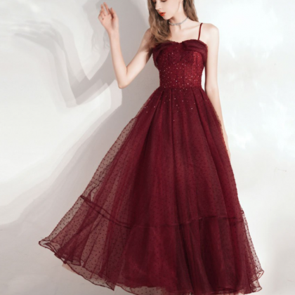 Burgundy Sweetheart Tulle Tea Length Prom Dress