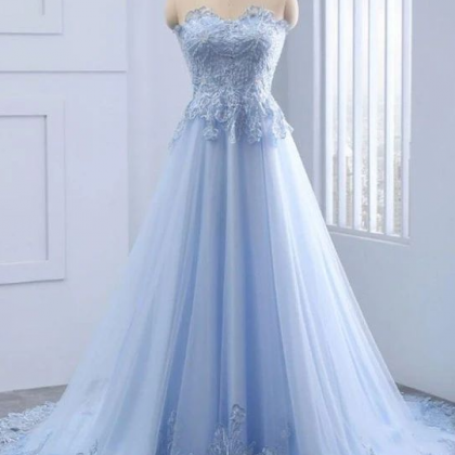 Light Blue Sweetheart Lace Applique Long Prom..