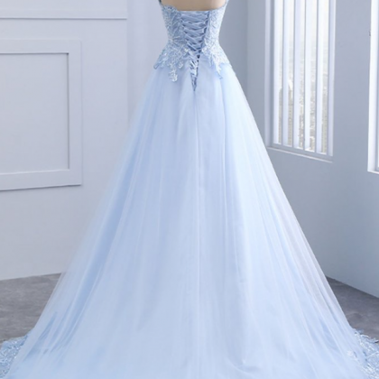 Light Blue Sweetheart Lace Applique Long Prom..