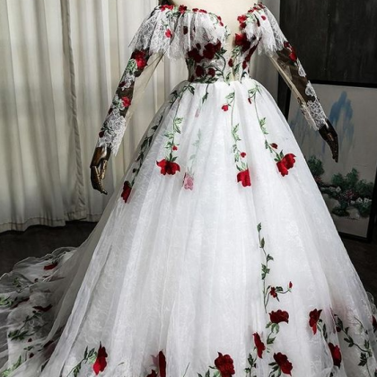 Long Sleeves Lace Embroidery Ball Gown Prom..