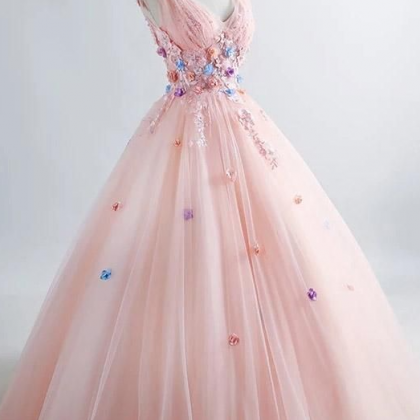 Ball Gown 3d Floral Applique V-neck Prom Dress