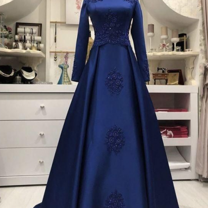 Long Sleeve Blue Evening Dress, Prom Dress