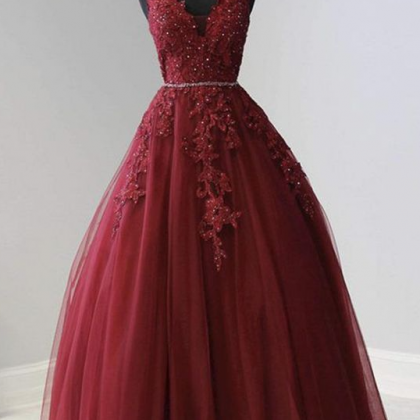 Burgundy V Neck Lace Long Prom Dress Evening Dress