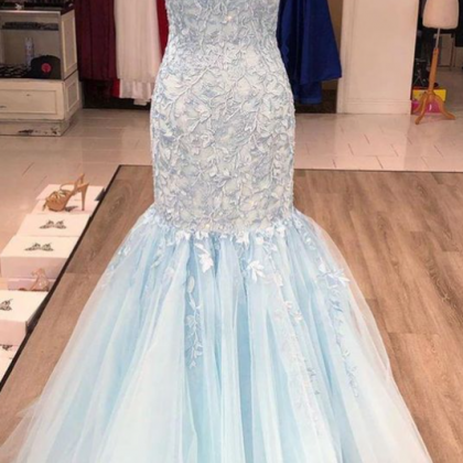 Sleeveless Prom Dresses Blue Lace Tulle Evening..