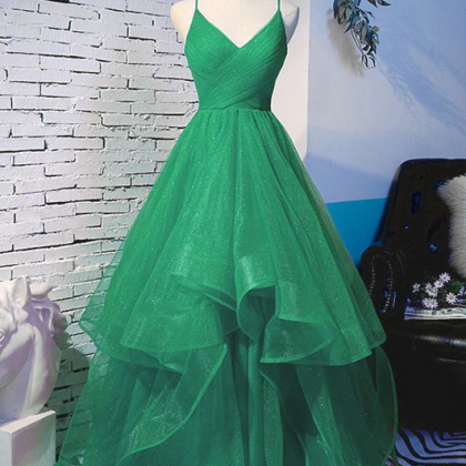 Spaghetti Straps Long Green Prom Dress With..