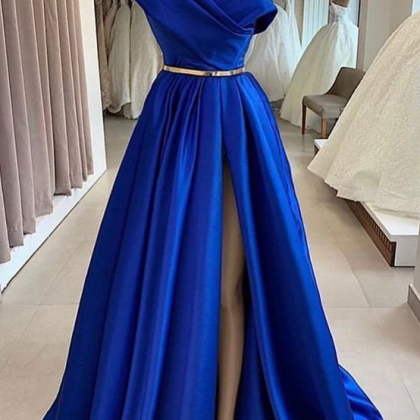 V Neck Long Side Slit Prom Dress, Royal Blue..
