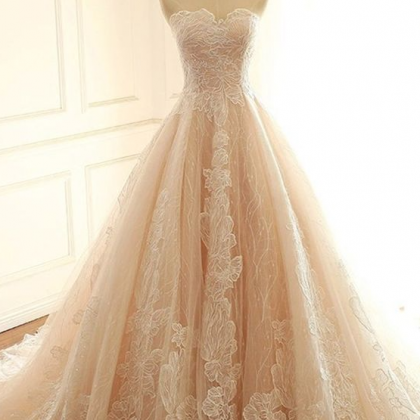 Sweetheart Champagne Lace Long Strapless Evening..