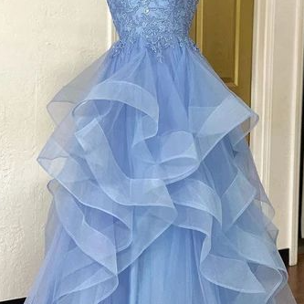 A Line Blue Tulle Lace Evening Dress