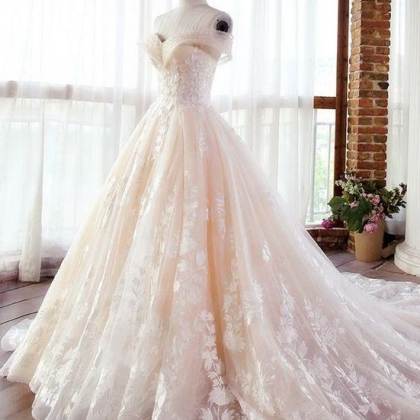 Off Shoulders Poofy Champagne Ball Gown For..
