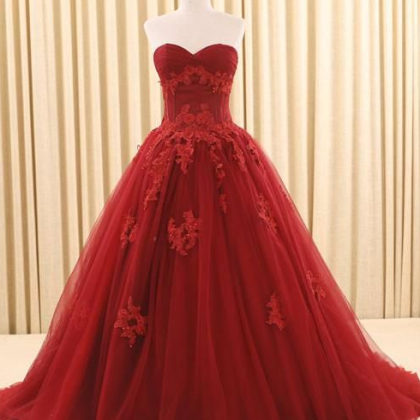 Dark Red Ball Gown Lace Prom Dress