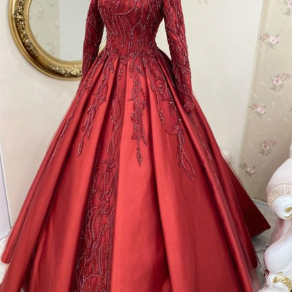 A Line Red Long Sleeve Evening Dress, Prom Dress on Luulla