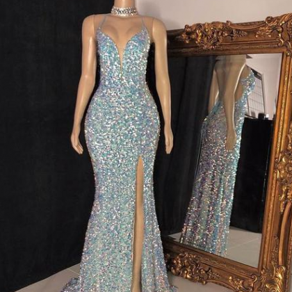 Sexy V-neck Navy Sequin Prom Dresses, Shiny Maxi Dresses, Formal Party Dresses, Newest Prom Dresses main image 1