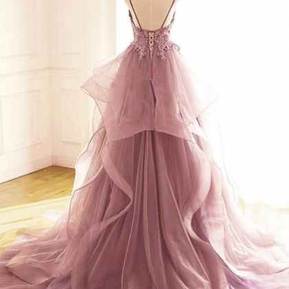 A Line Pink Lace Long Prom Dress Evening Dress