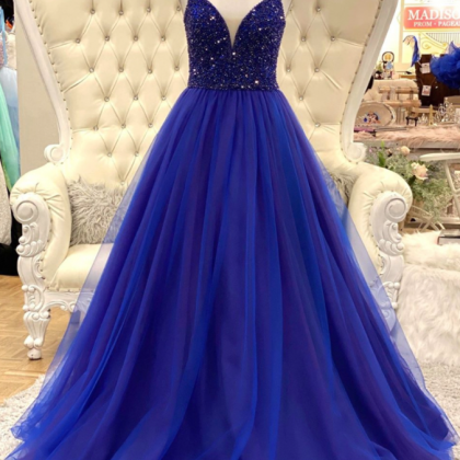 A Line Blue Tulle Beads Long Prom Dress Evening..