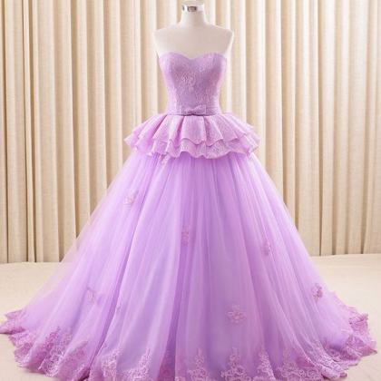 Strapless Purple Lace Ball Gown Formal Evening..