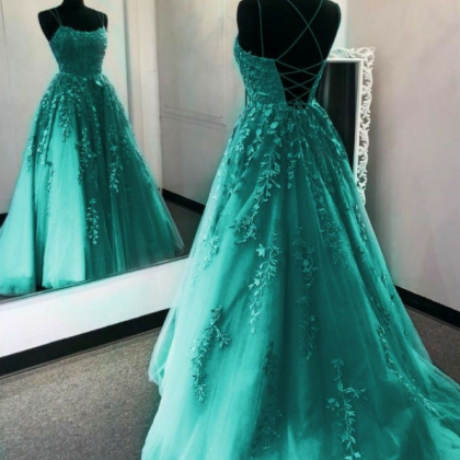 Green Lace Appliques Ball Gown Prom Dress