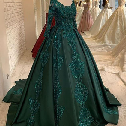 Long Sleeves Green Ball Gown Prom Dress