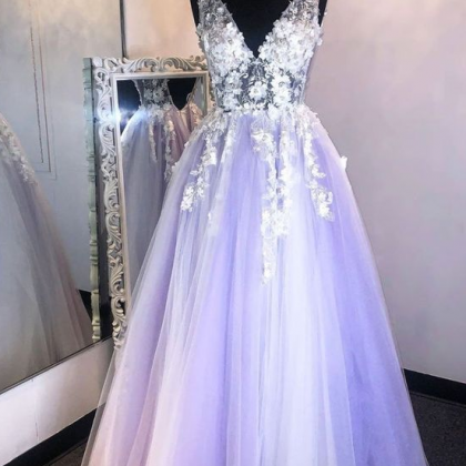 Charming Long Purple V-Neck Floor Length Long Sleeves Lace Prom Dress main image 0