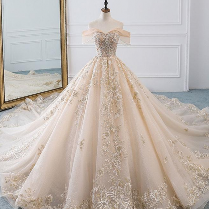 Champagne Off Shoulder Tulle Lace Wedding Dress